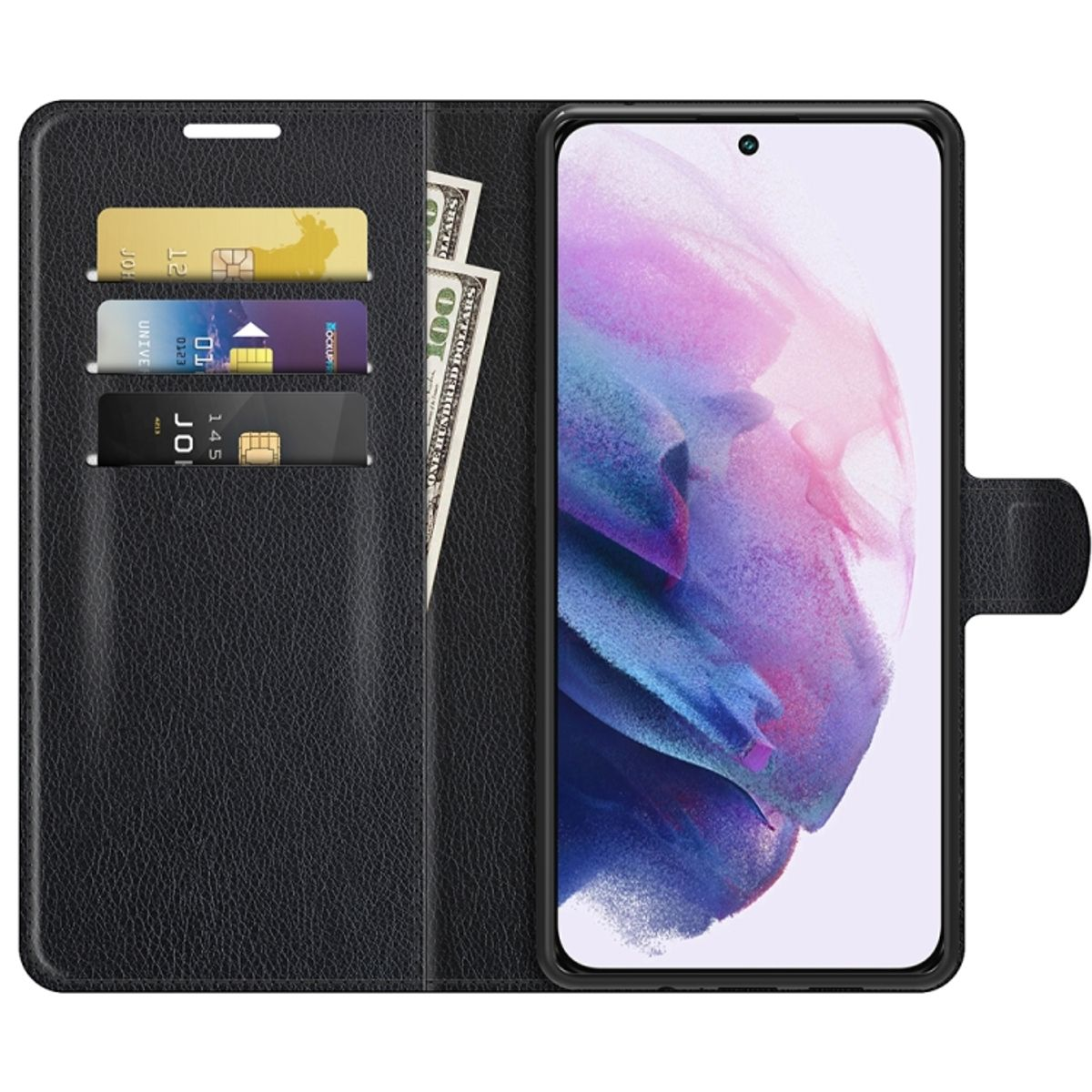 Schwarze Handyhülle mit Karten und Bargeld. Die Hülle ist offen, das Handy ist drin.