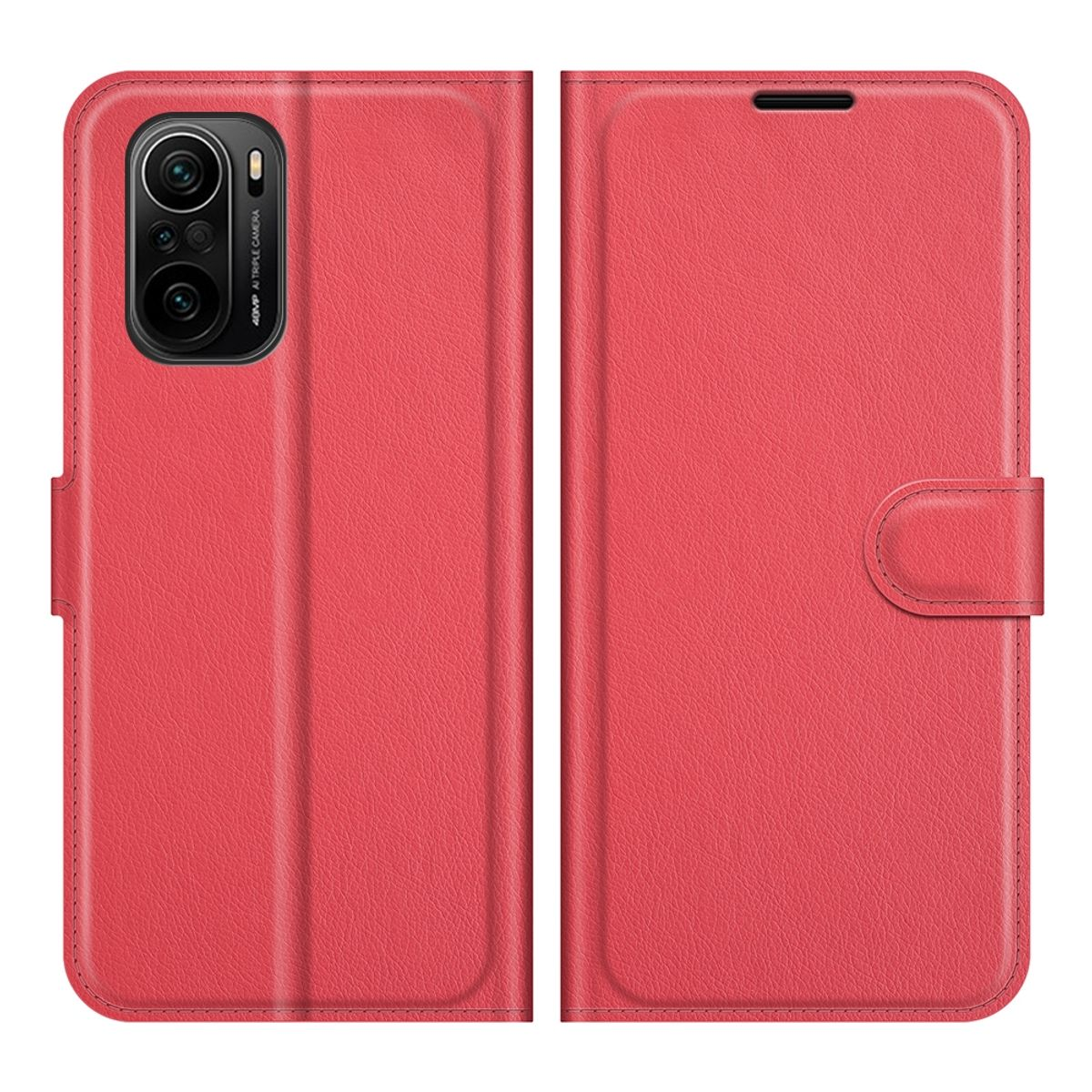 Rote Handyhülle, geschlossen, mit Knopfverschluss. Telefonkamera sichtbar.