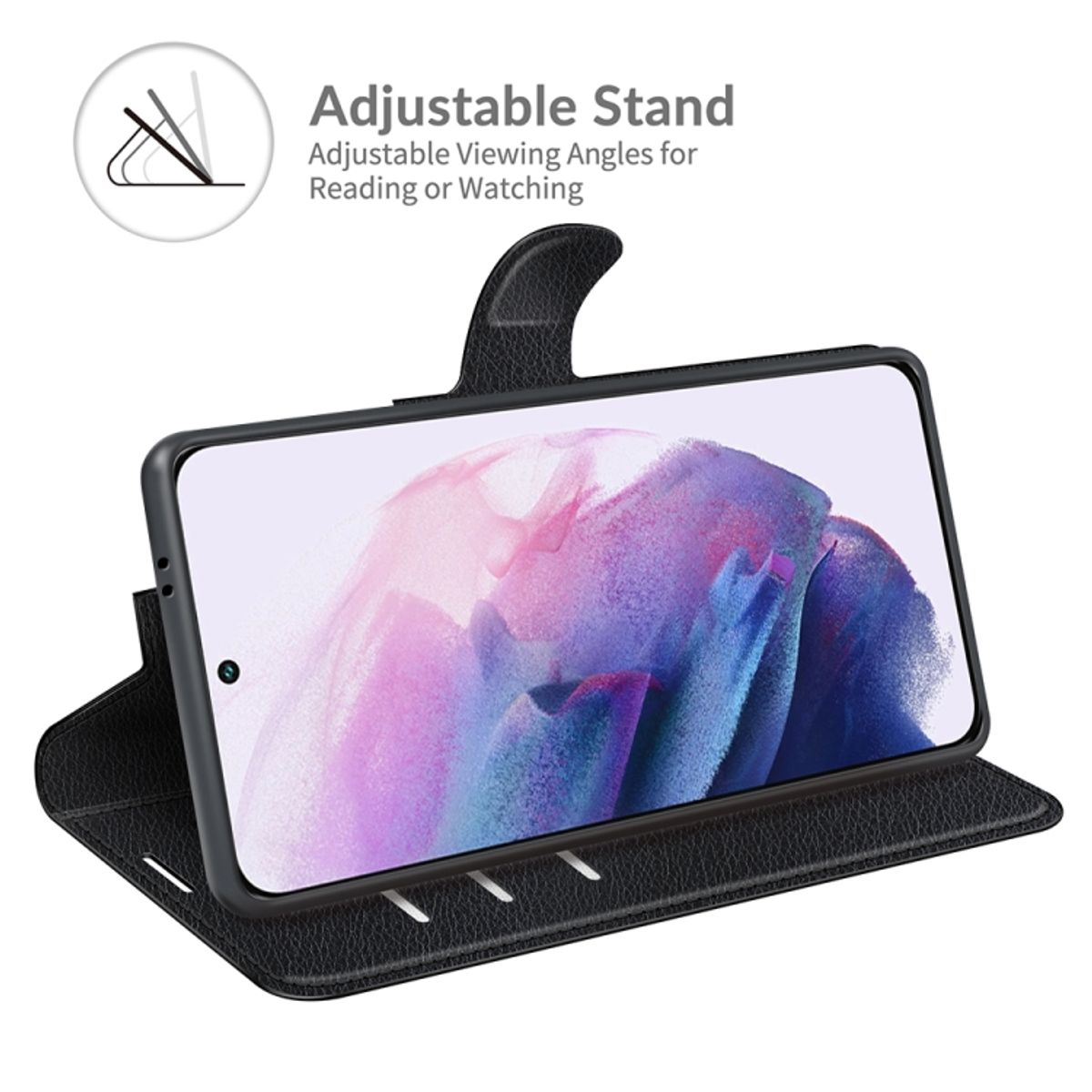 Handyhülle mit Ständer. Das Telefon befindet sich in der Hülle und ist nach oben abgewinkelt. Text oben: 'Adjustable Stand'.