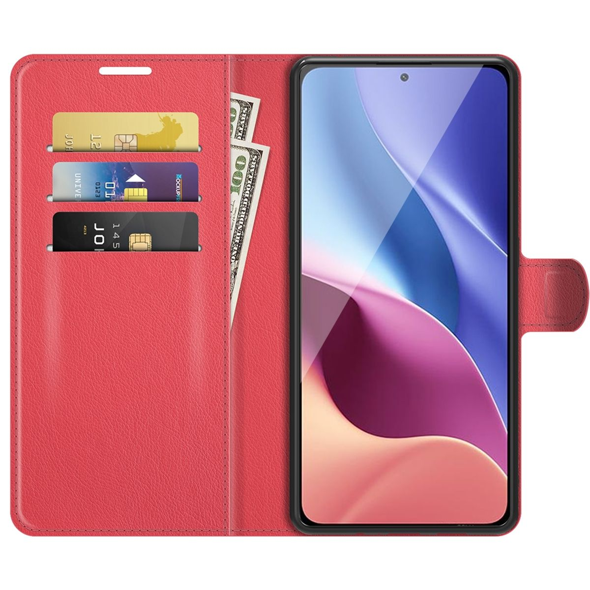 Rote Handyhülle offen mit Karten, Geld und Telefon. Telefon rechts, zeigt das Display.