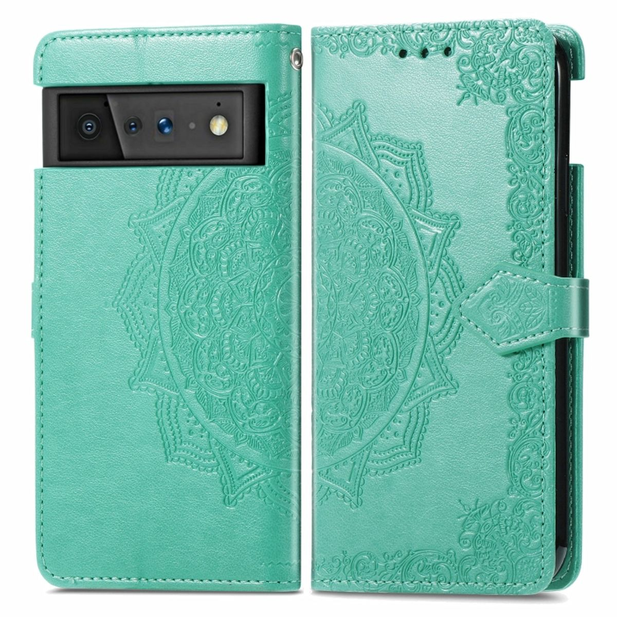 Türkisfarbene Handyhülle mit Blumendesign. Die Hülle ist geöffnet und das Telefon ist darin.