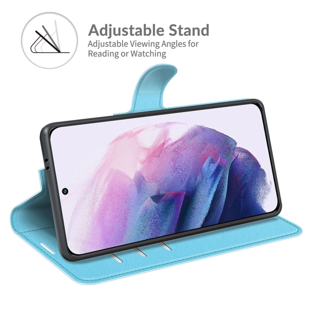 Eine blaue Handyhülle ist geöffnet, mit einem Telefon darin. Die Hülle ist aufgestellt.