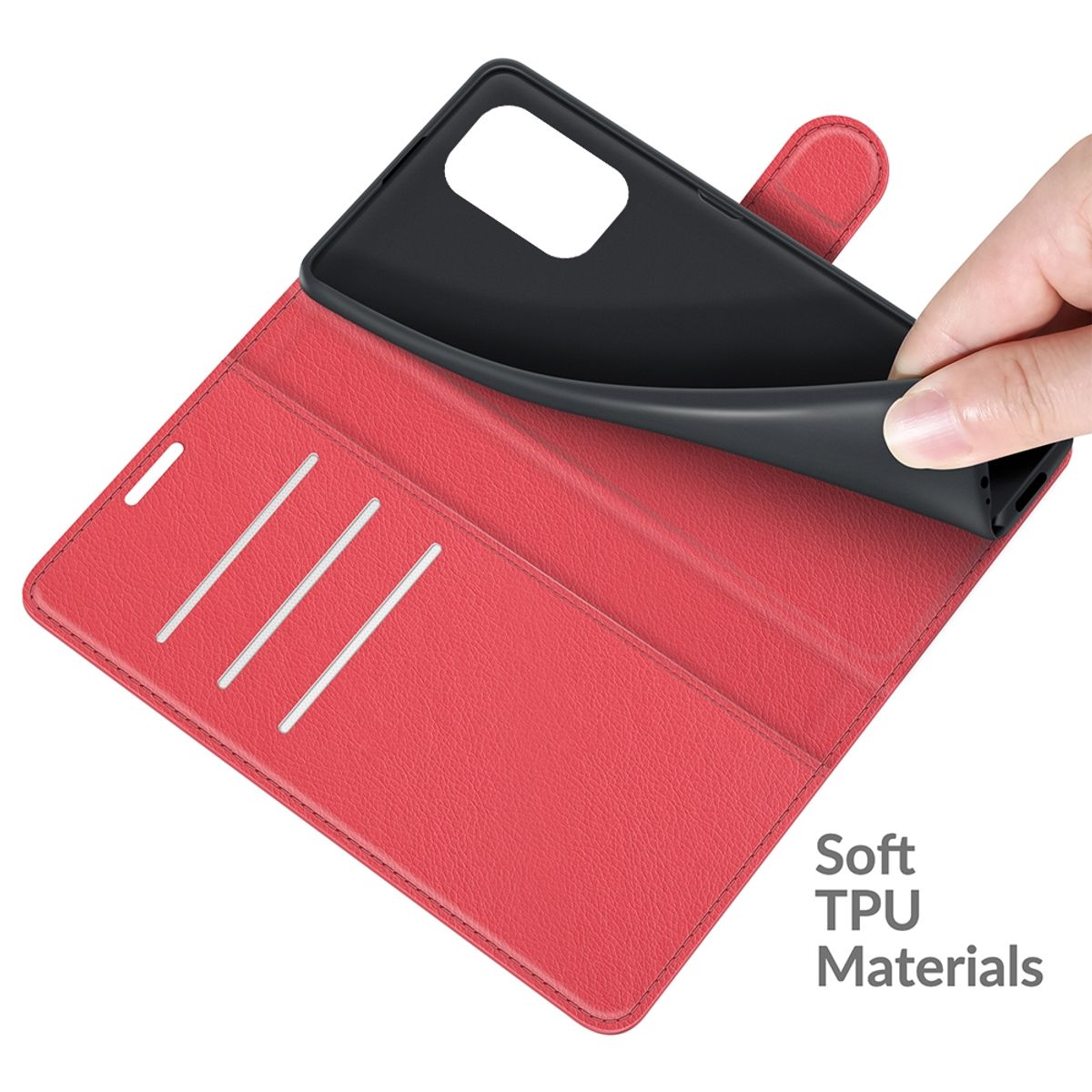 Rote Geldbörsenhülle mit schwarzem Innenraum. Hand öffnet sie. Weiches TPU-Material-Etikett sichtbar.