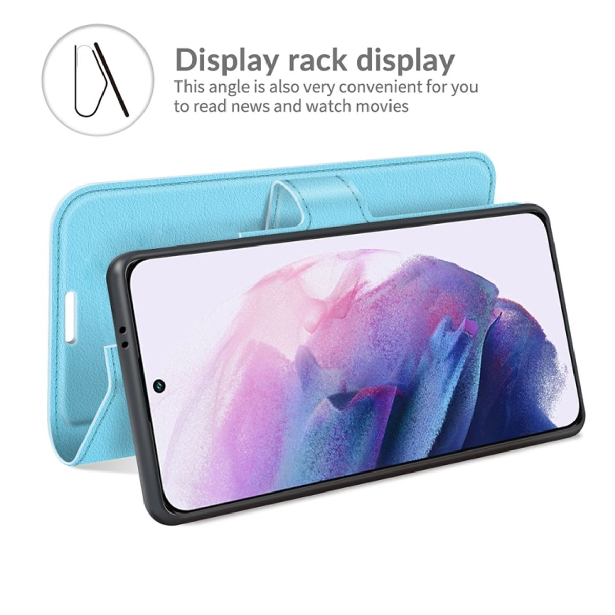 Geöffnete blaue Handyhülle, mit einem Telefon, das ein farbenfrohes Bild anzeigt.