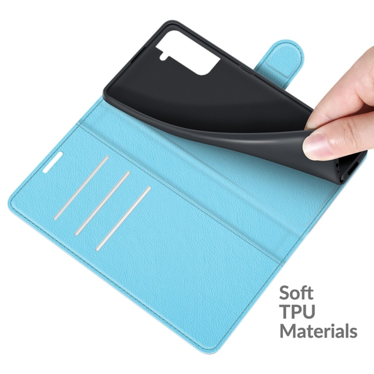 Blaue Handyhülle, offen. Hand entfernt schwarze Handyhülle. Text: Weiche TPU-Materialien.