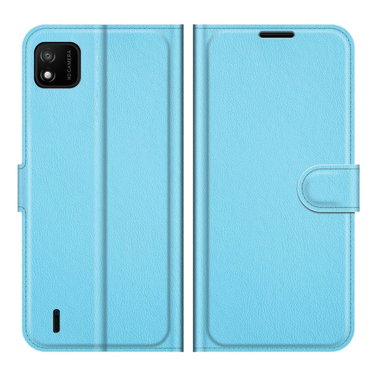 Hellblaue Handyhülle, offen, zeigt Telefon. Knöpfe und Kamera sichtbar.