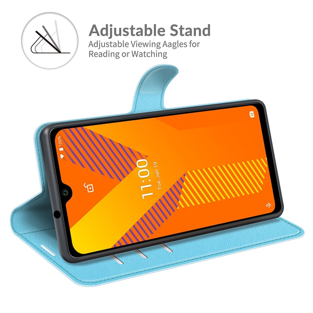Geöffnete blaue Handyhülle mit Telefon, zeigt einen orangefarbenen Bildschirm mit Text.