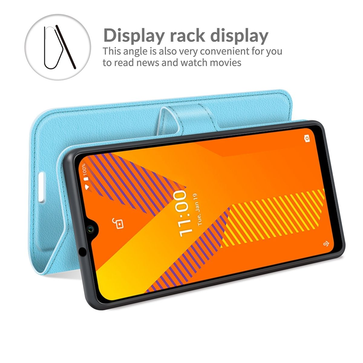 Blaue Handyhülle mit einem Telefon, das eine farbenfrohe Oberfläche anzeigt, mit Display-Rack-Anzeige.