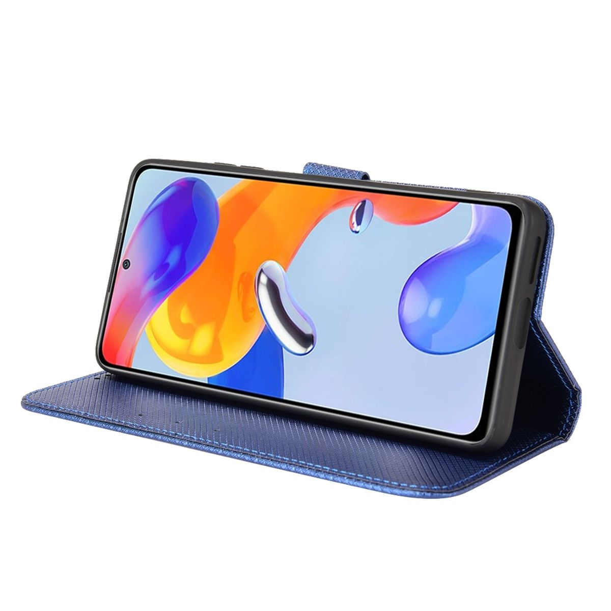 Blaue Leder-Handyhülle mit einem Telefon darin, offen und angewinkelt. Weißer Hintergrund.