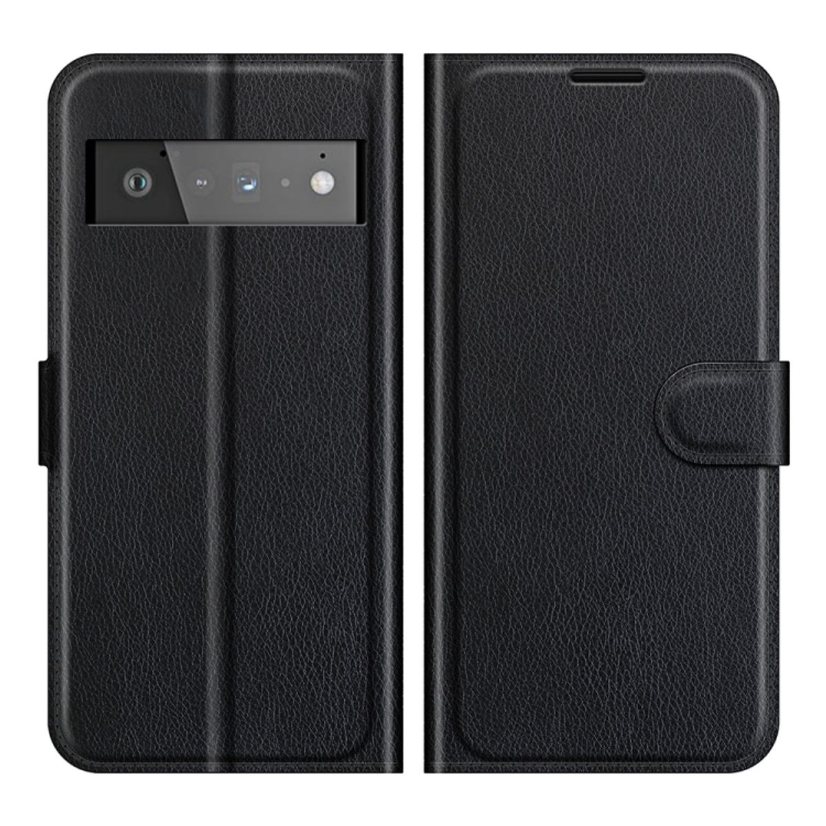 Schwarze Handyhülle offen. Telefonkameras links sichtbar. Knopf rechts.