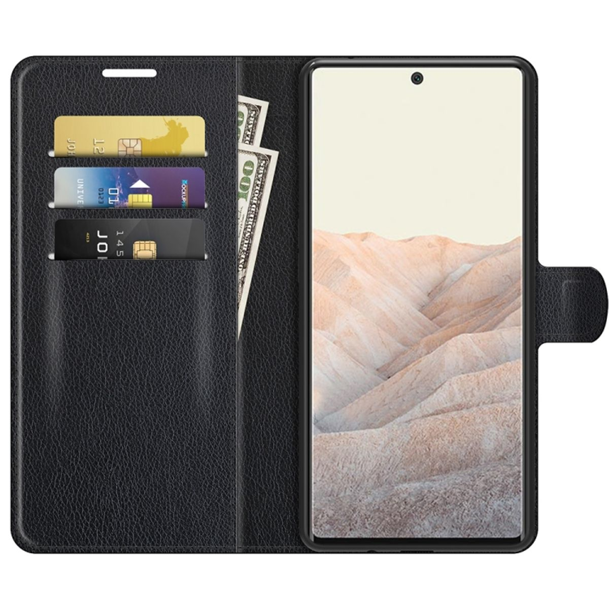 Schwarze Handyhülle offen. Im Inneren befinden sich Karten und Geld. Das Telefon hat einen hellen Hintergrund.