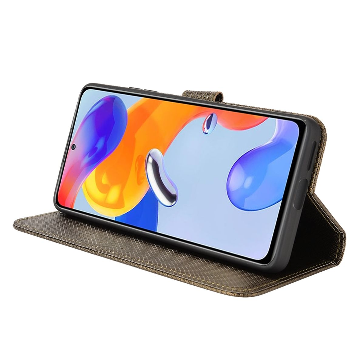 Braune Handyhülle mit einem Telefon darin, das ein farbenfrohes abstraktes Bild zeigt. Die Hülle ist geöffnet.