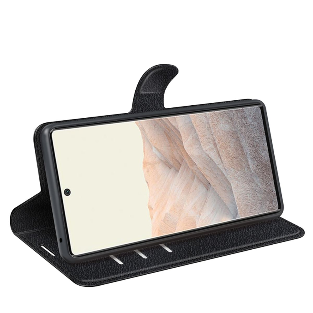 Schwarze Handyhülle, offen, mit Telefon. Die Hülle ist schwarz und hat drei Kartenfächer.