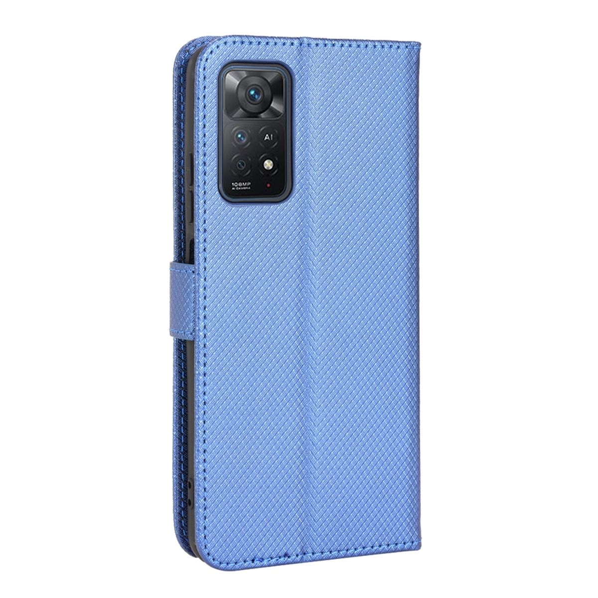 Blaue Handyhülle, geschlossen. Telefon ist drin. Hülle hat ein strukturiertes Muster.