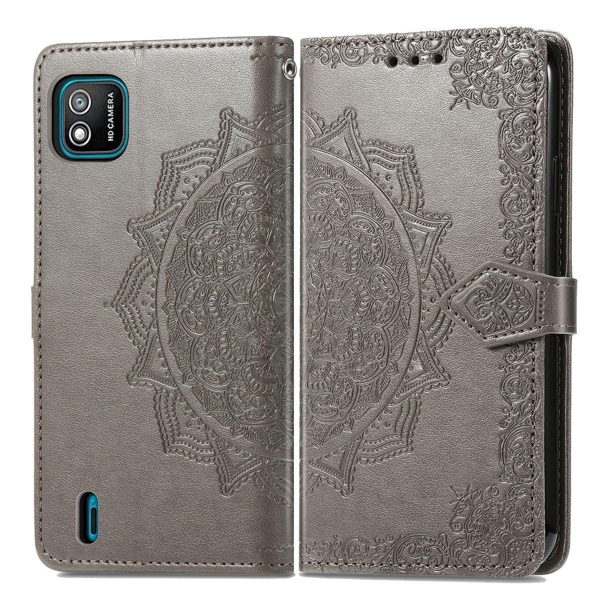 Graue Handyhülle mit Mandala-Muster. Telefon mit Kamera sichtbar. Detailliertes Zierdesign.