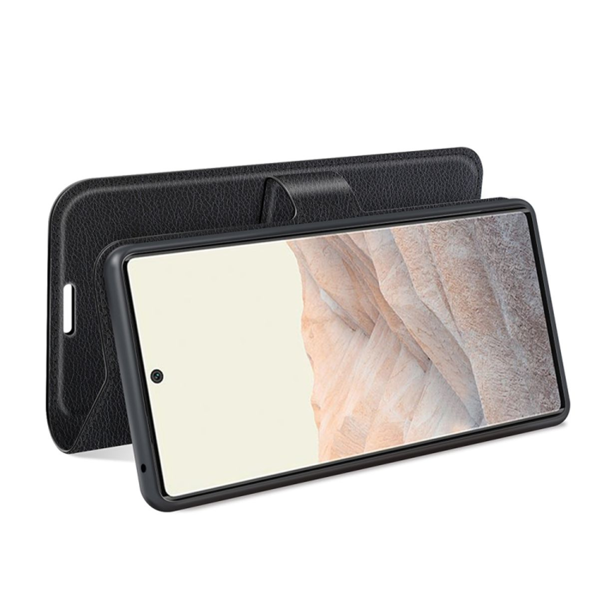Schwarze Handyhülle mit Telefon darin. Hülle ist offen, schwarz. Der Bildschirm zeigt eine Landschaft.