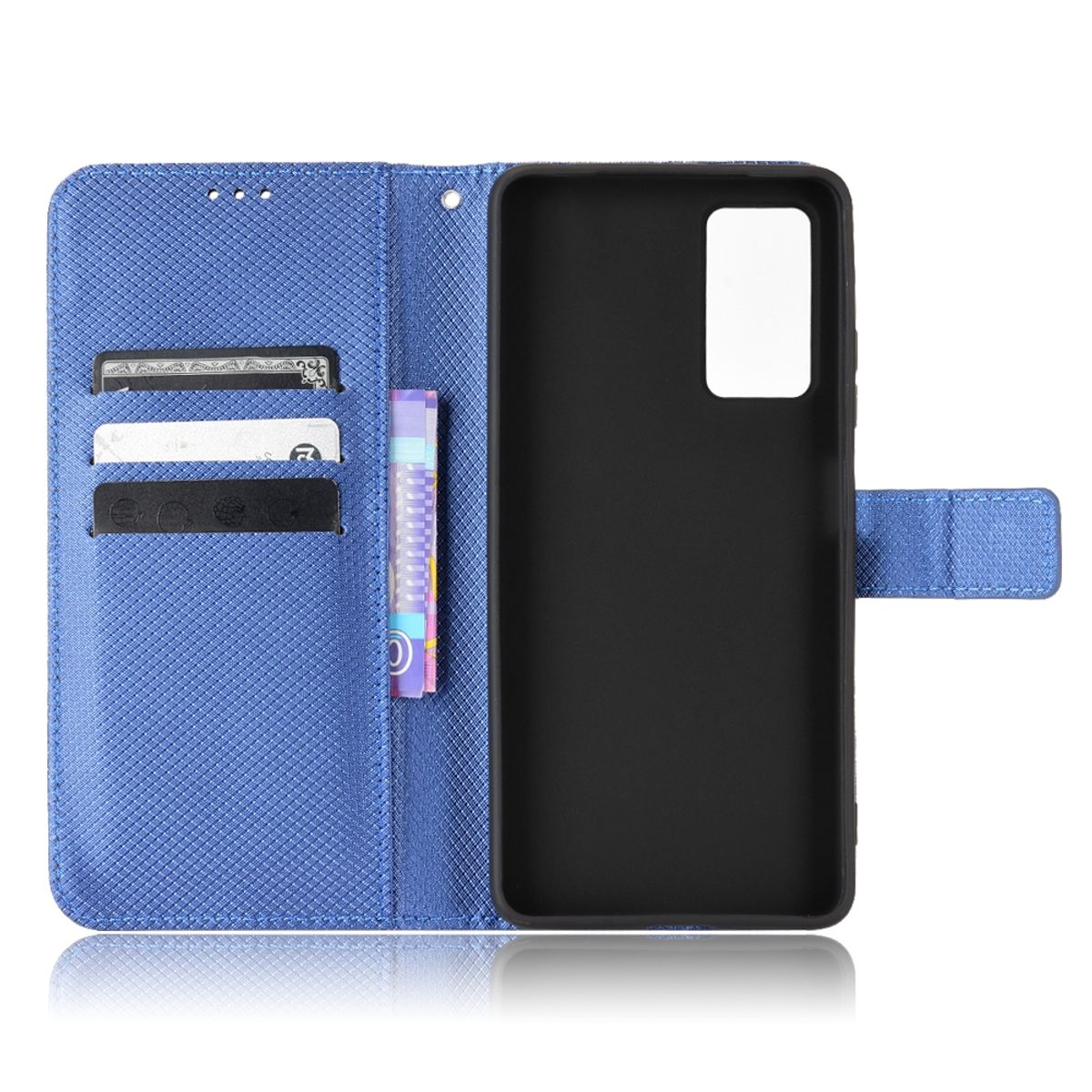 Blaue Handyhülle offen. Im Inneren befinden sich Karten, ein Telefon und ein Geldschlitz. Der Hintergrund ist weiß.