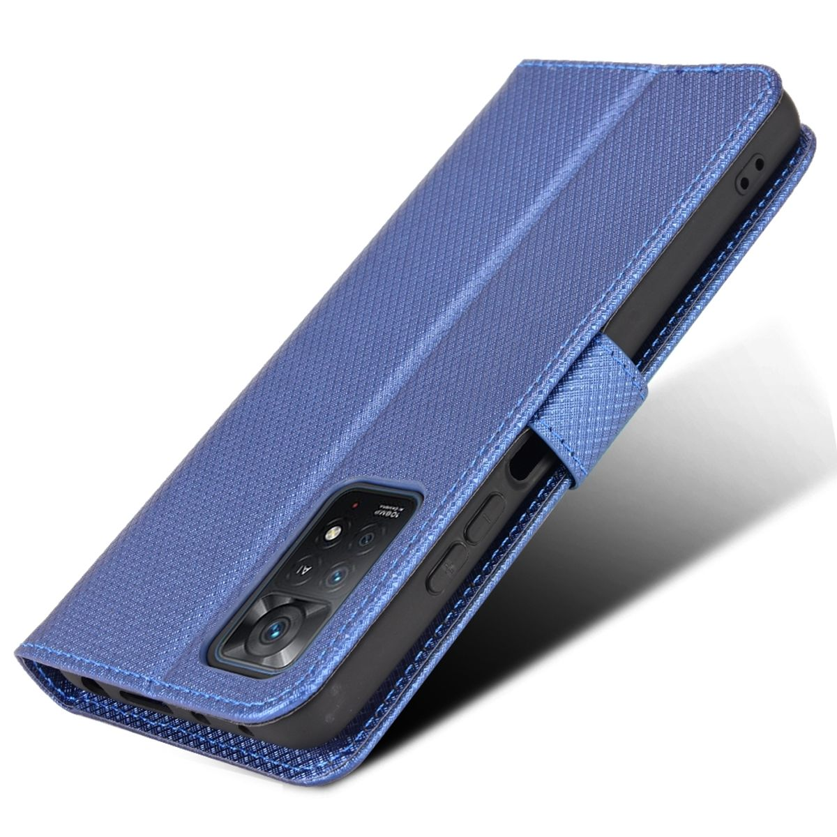 Blaue Handyhülle. Das Telefon ist mit einem Kameramodul im Inneren.