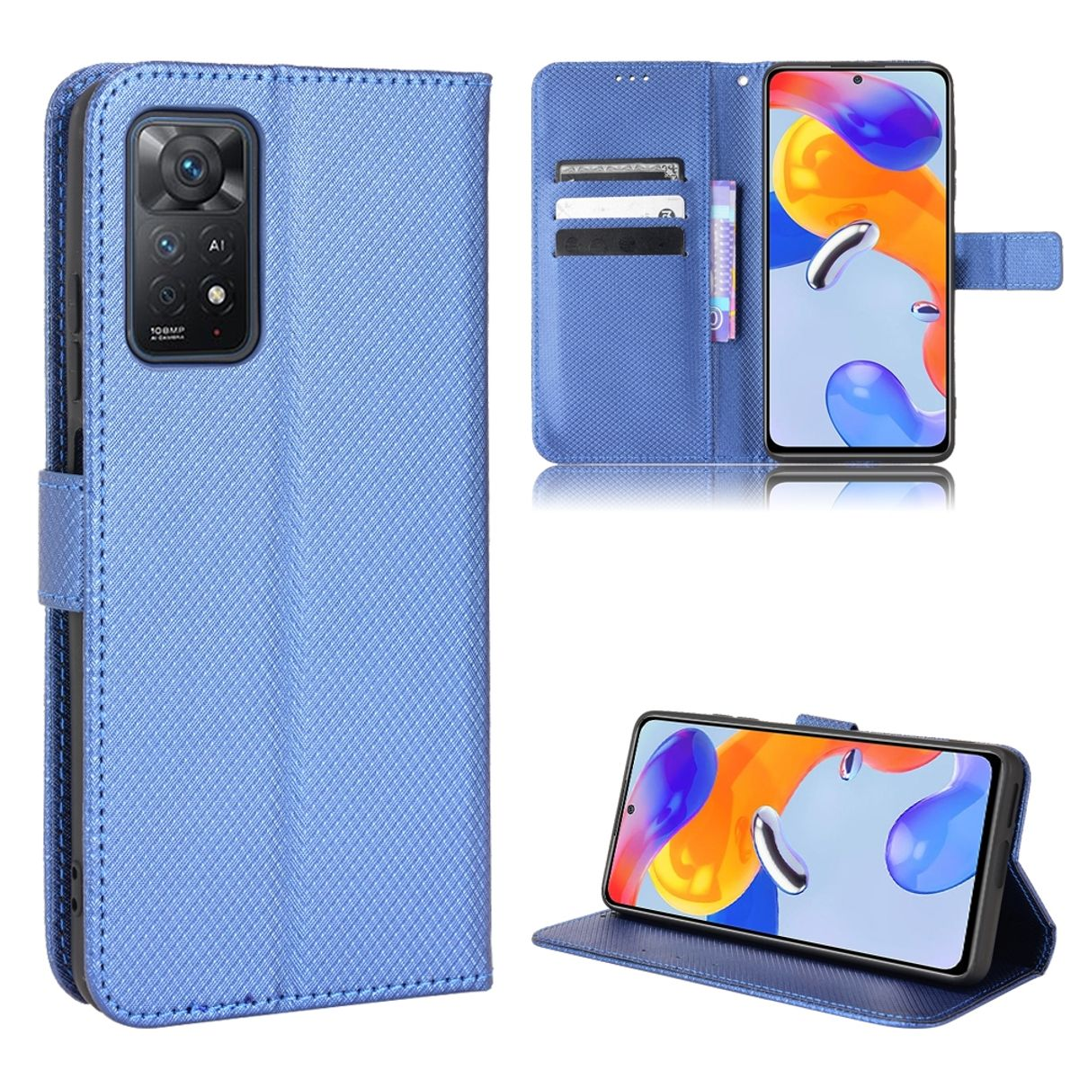 Blaue Handyhülle mit Telefon darin. Telefon hat Kamera. Hat Kartenfächer. Der Hintergrund ist weiß.