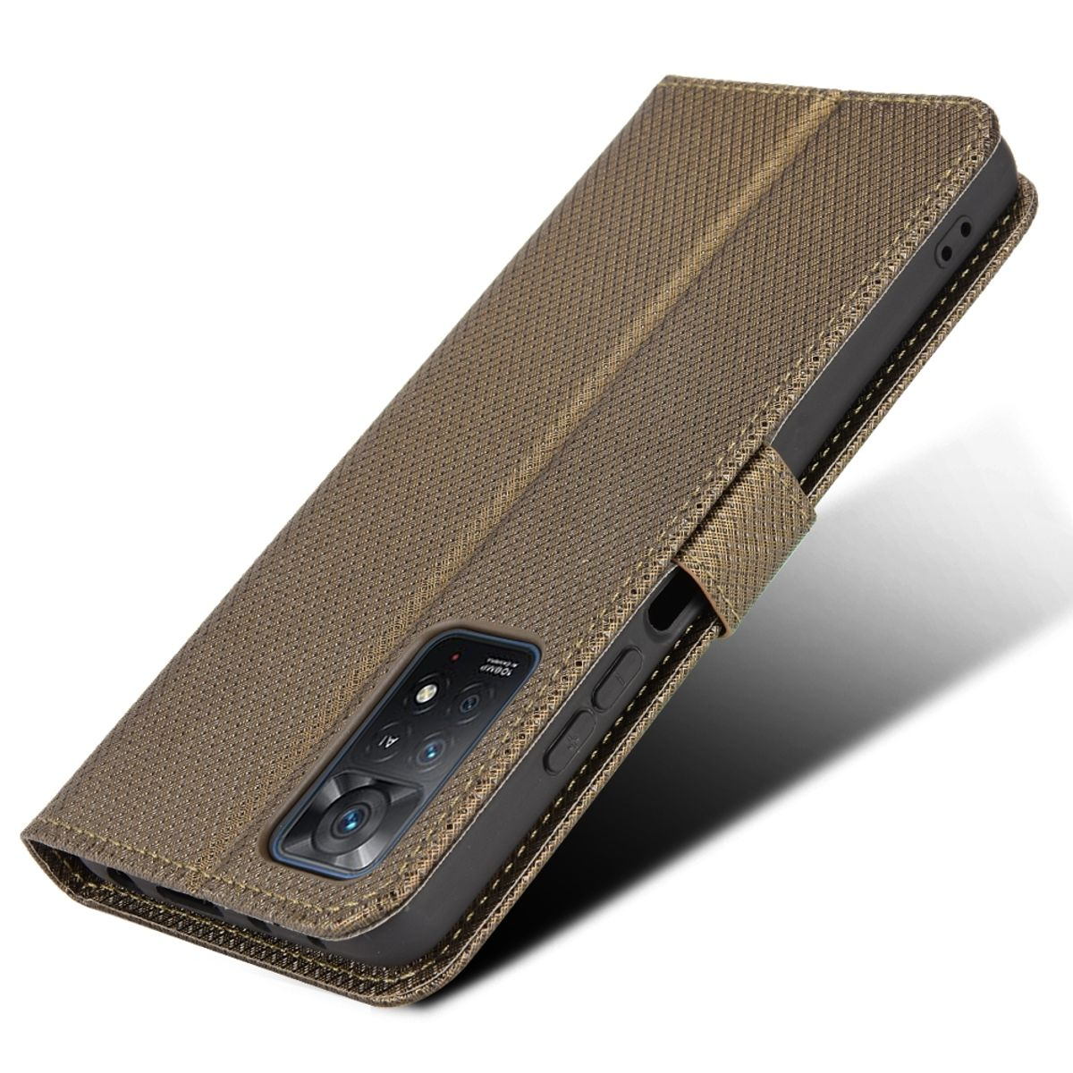 Braune Handyhülle, geschlossen. Telefon ist drin. Hülle hat ein strukturiertes Muster.
