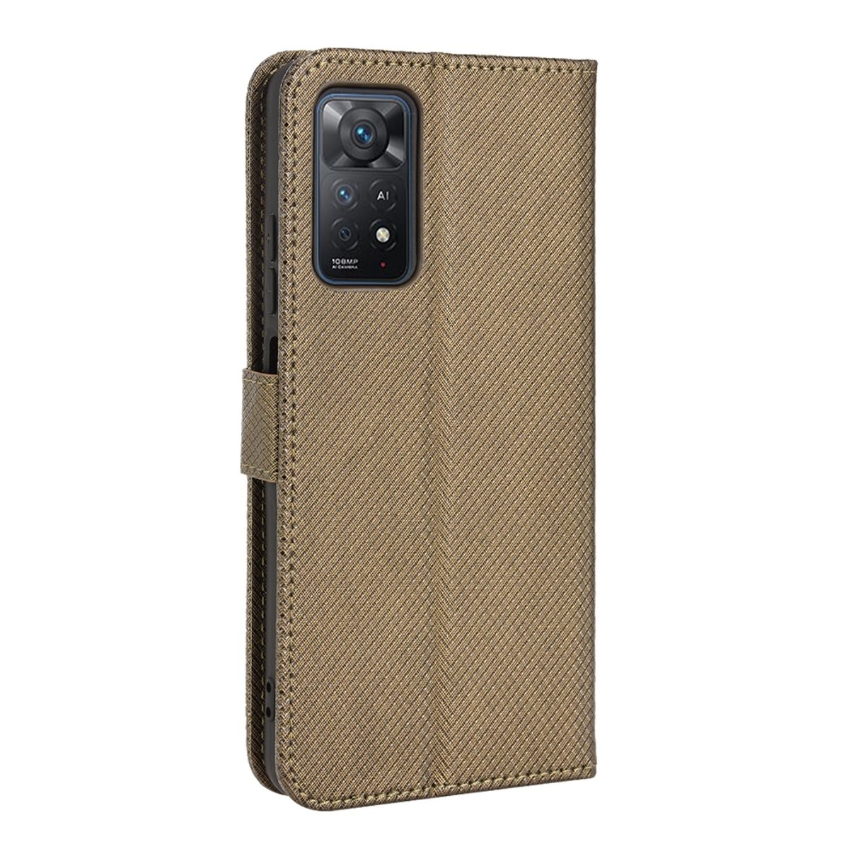 Braune Handyhülle mit Telefon darin. Telefon hat Kamera. Der Hintergrund ist weiß.