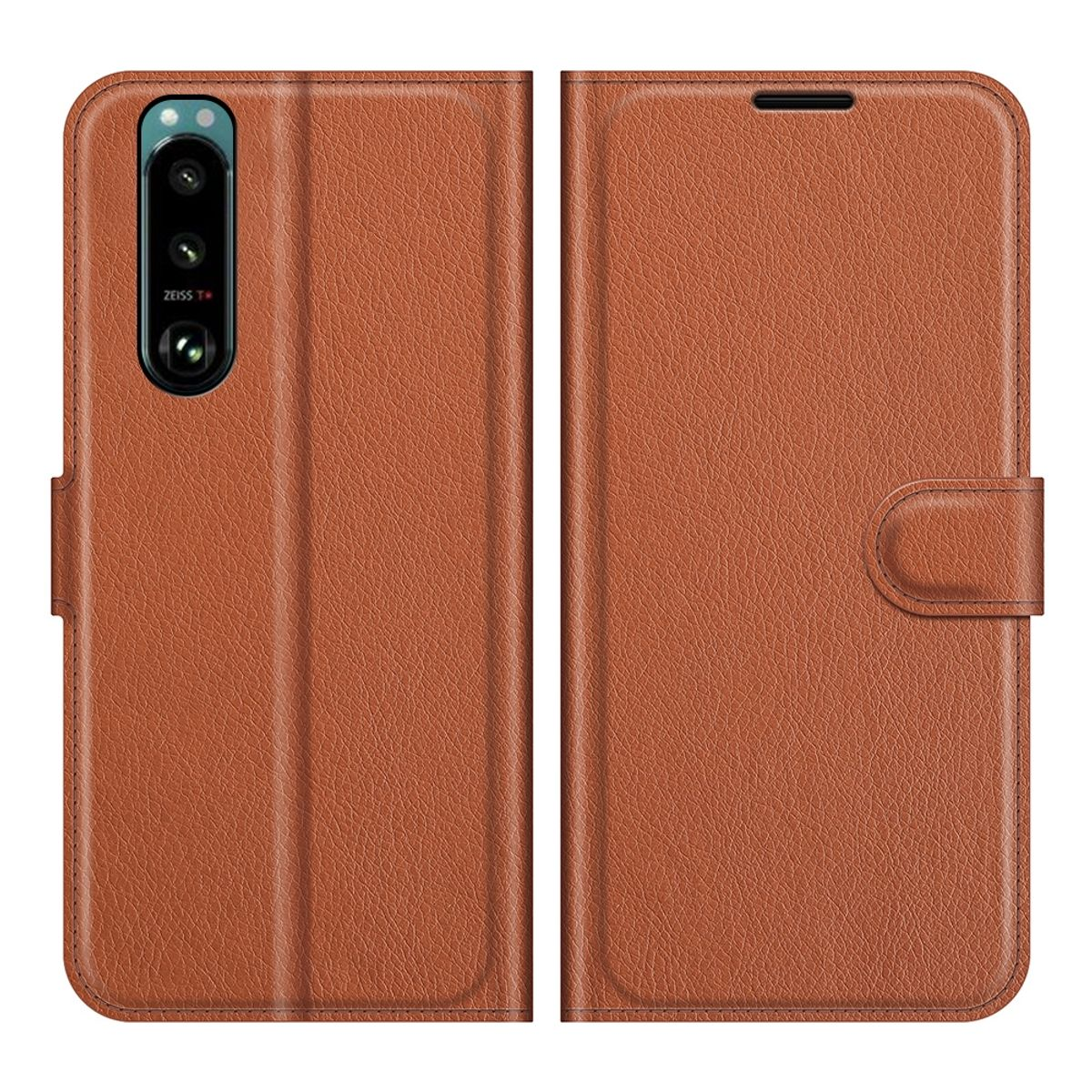 Braune Leder-Handyhülle, geschlossene und offene Ansicht. Telefon mit Kamera in der Hülle.