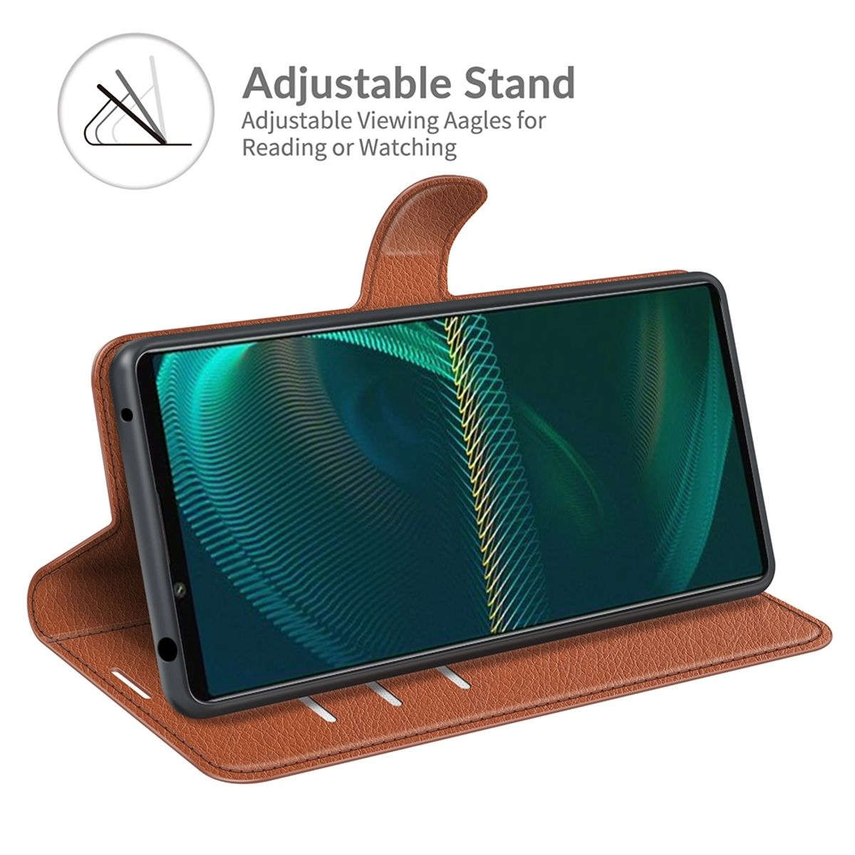 Braune Handyhülle, offen, mit dem Telefon in einer Standposition. Die Funktion der Hülle ermöglicht die Einstellung der Blickwinkel.