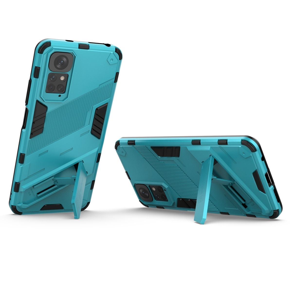 Eine blau-schwarze Handyhülle wird in zwei Positionen mit einem Ständer gezeigt. Das Telefon ist nicht drin.