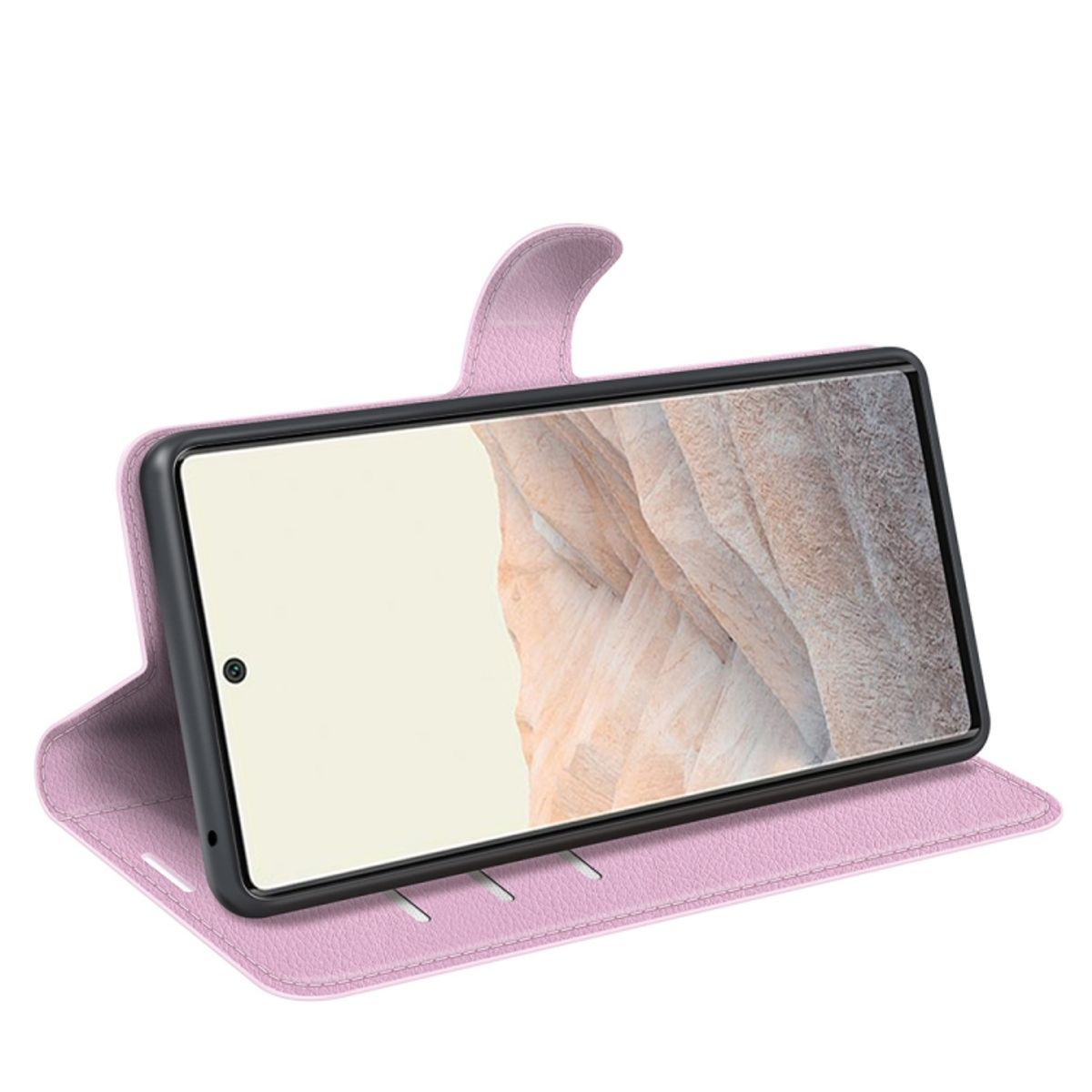 Geöffnete rosa Handyhülle mit Handy, auf weißem Hintergrund, schräge Ansicht.