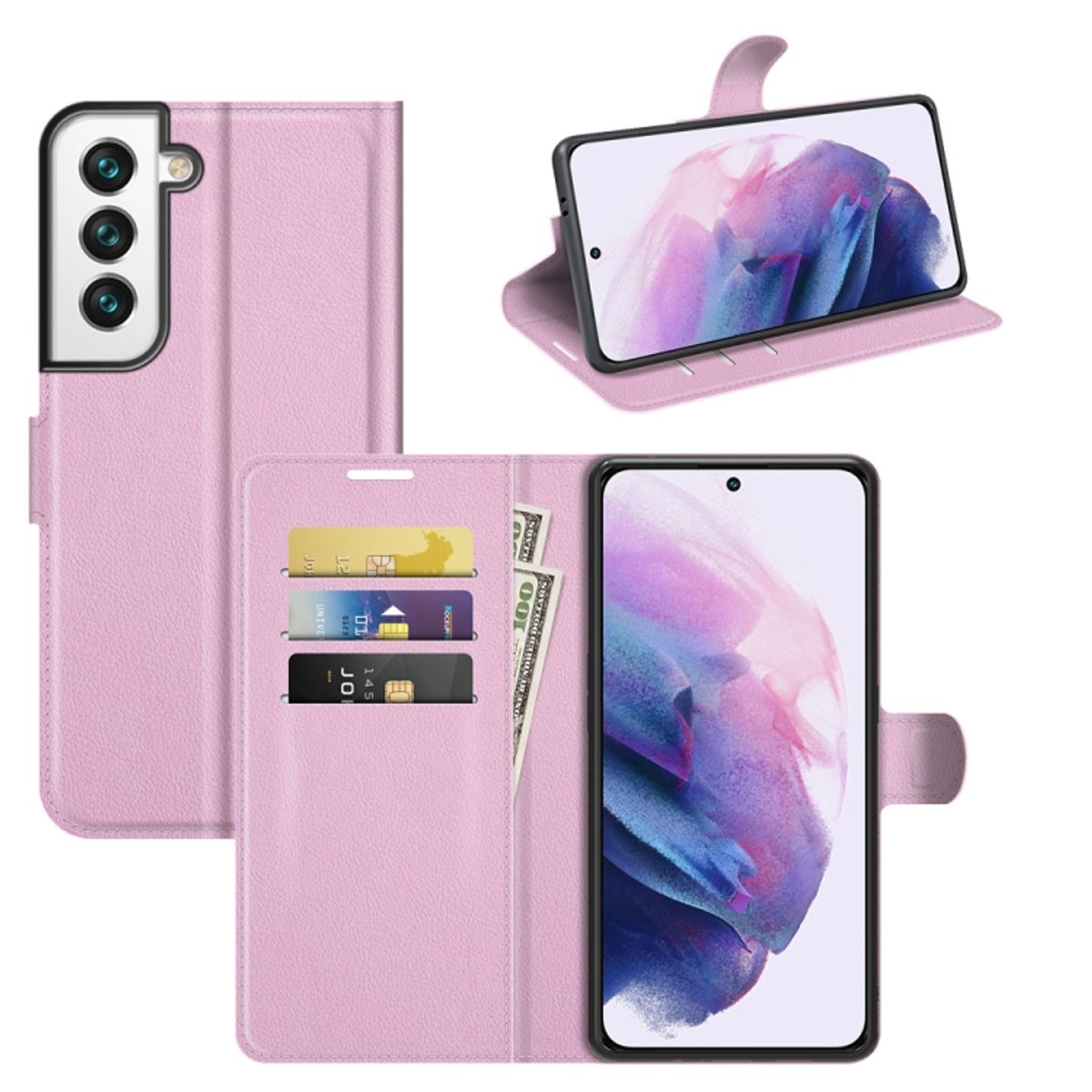 Rosa Handyhülle mit Karten, Telefon und Riemen.