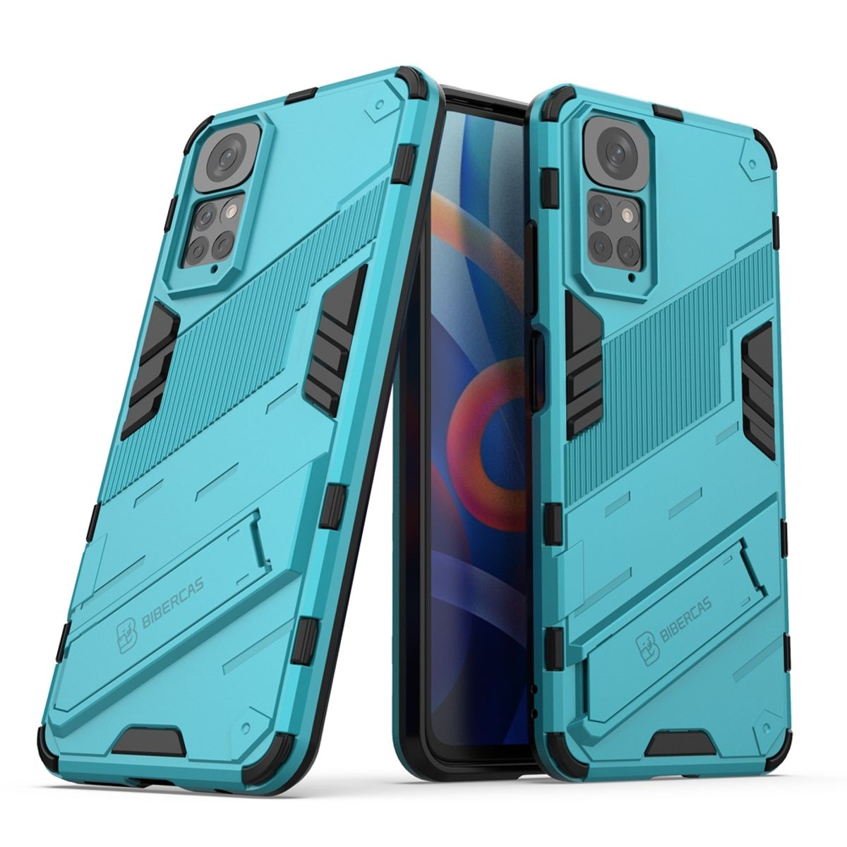 Zwei cyanfarbene Handyhüllen. Eine mit Telefon darin. Beide Hüllen haben ein eckiges, schützendes Design.