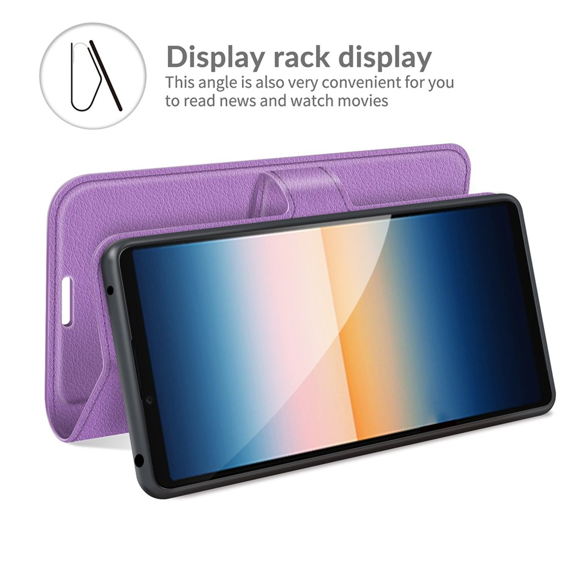Lila Handyhülle, offen, mit Telefon. Auch eine Display-Rack zeigt das Telefon.