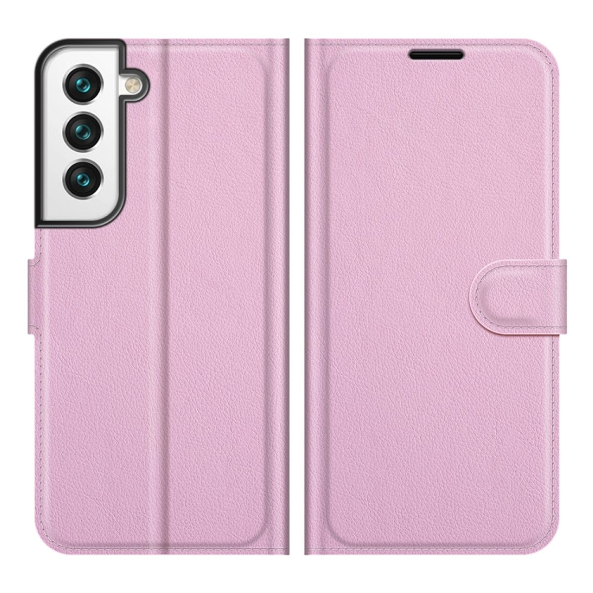 Geöffnete rosa Handyhülle. Zeigt Telefon und hat Schlitze für Karten.