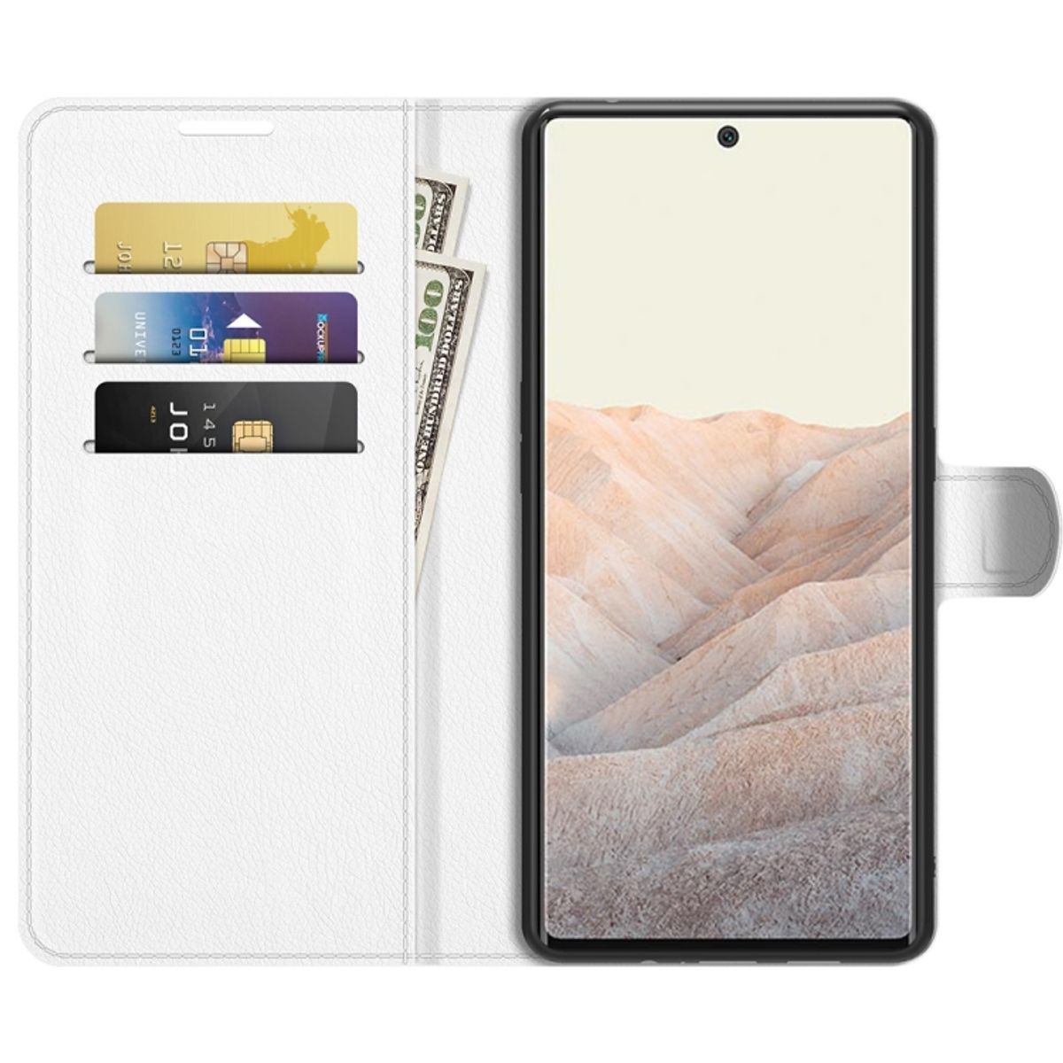 Weiße Handyhülle mit Karten und Bargeld, Telefon rechts.