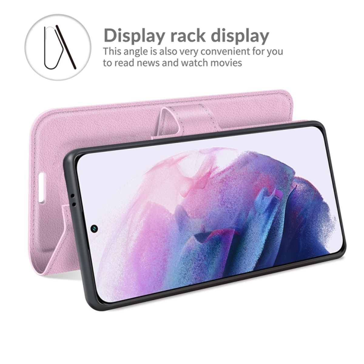 Rosa Leder-Handyhülle mit einem Telefon darin, offen und angewinkelt. Weißer Hintergrund.