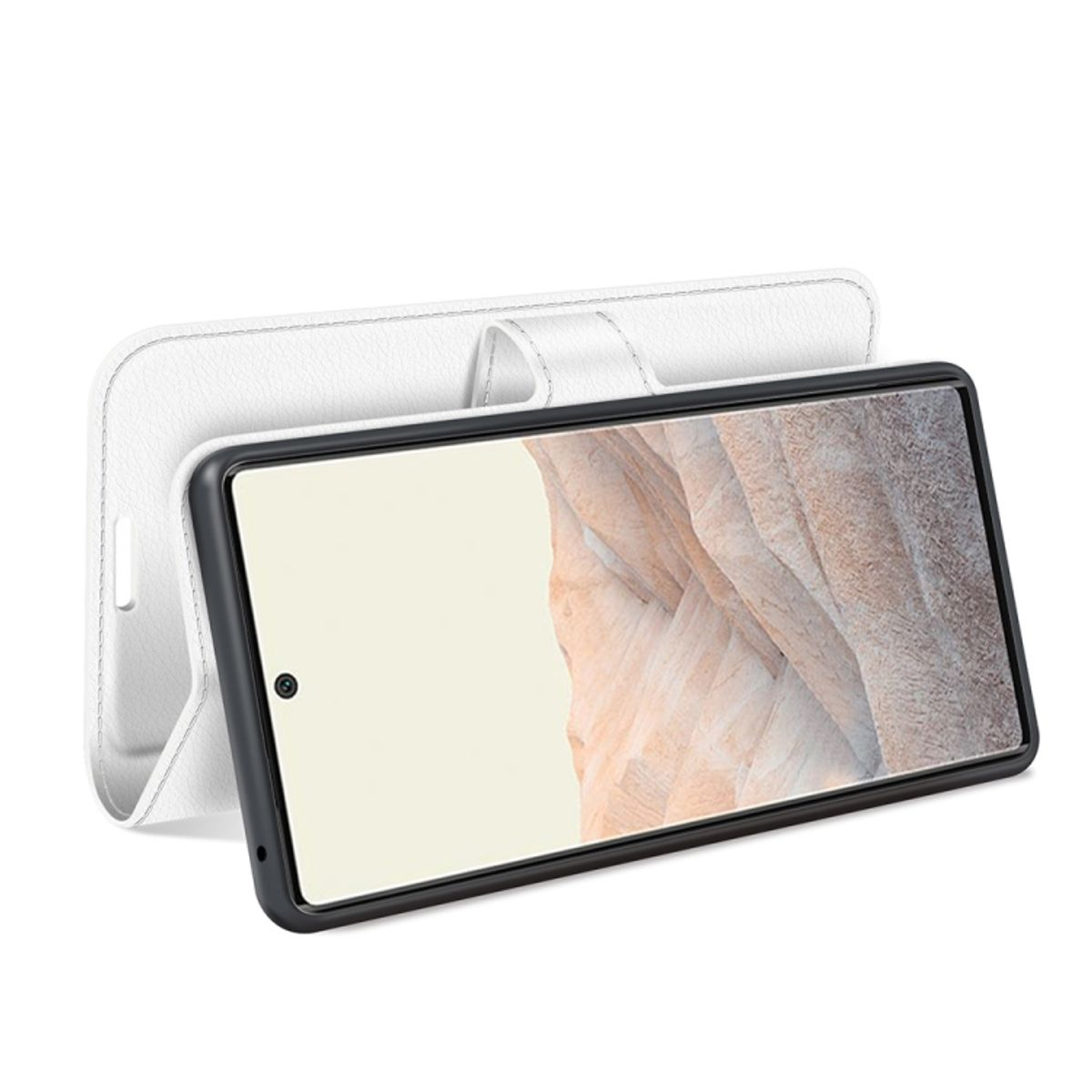 Weiße Handyhülle mit einem Telefon darin. Das Telefon hat einen schwarzen Rahmen und ist geöffnet.