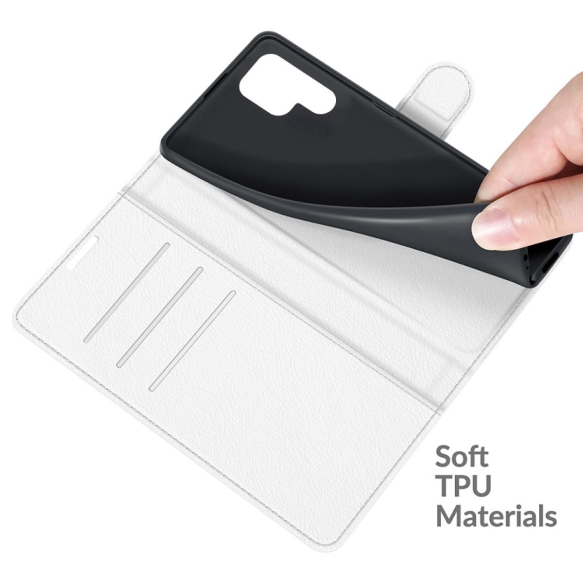 Eine weiße Handyhülle mit schwarzem Innenraum, die von einer Hand geöffnet wird, mit dem Text "Soft TPU Materials".