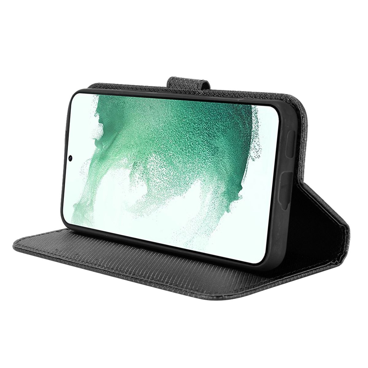Graue Leder-Handyhülle mit einem Telefon darin, offen und angewinkelt. Weißer Hintergrund.