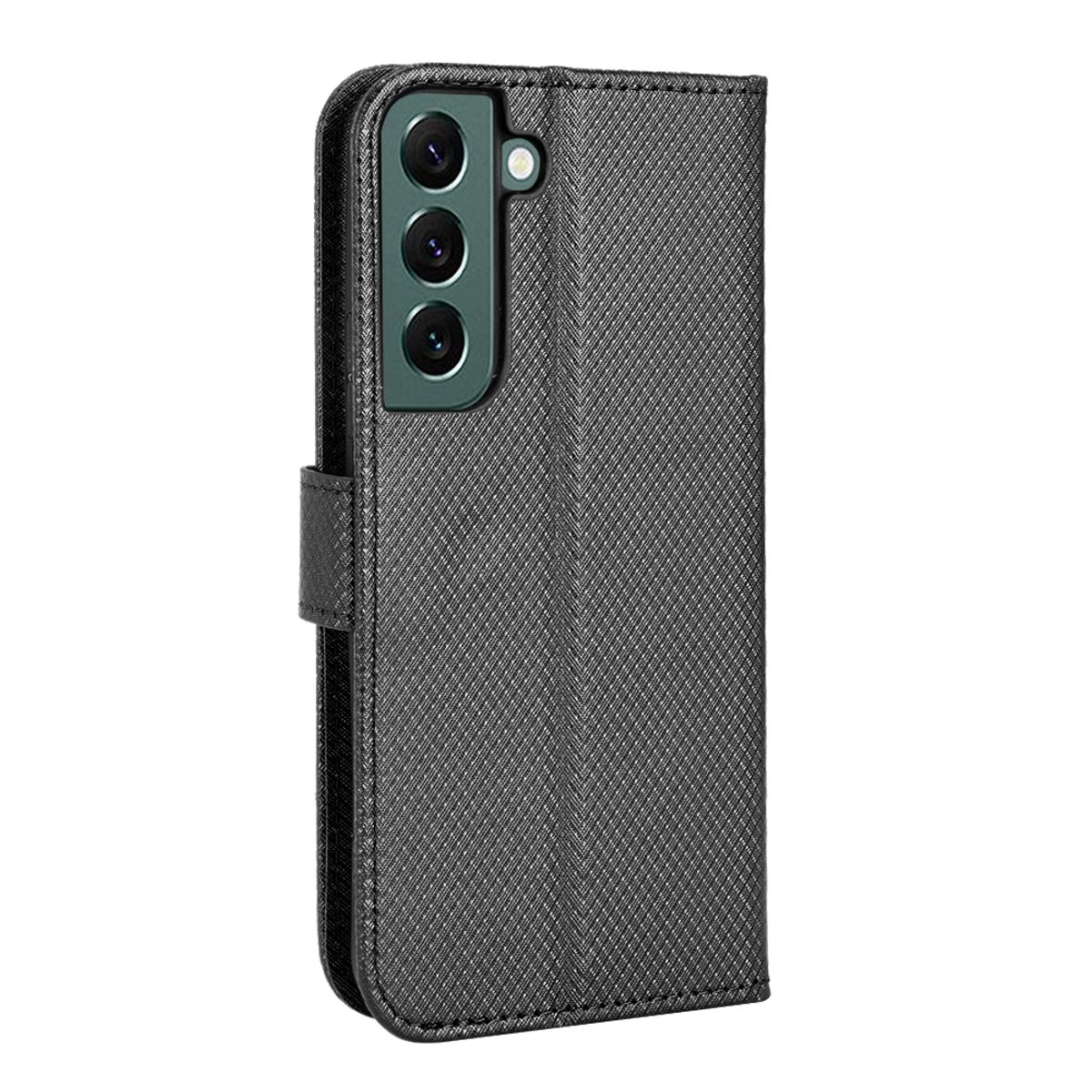 Eine schwarze Handyhülle mit strukturiertem Muster. Ein Telefon mit drei Kameras befindet sich darin.