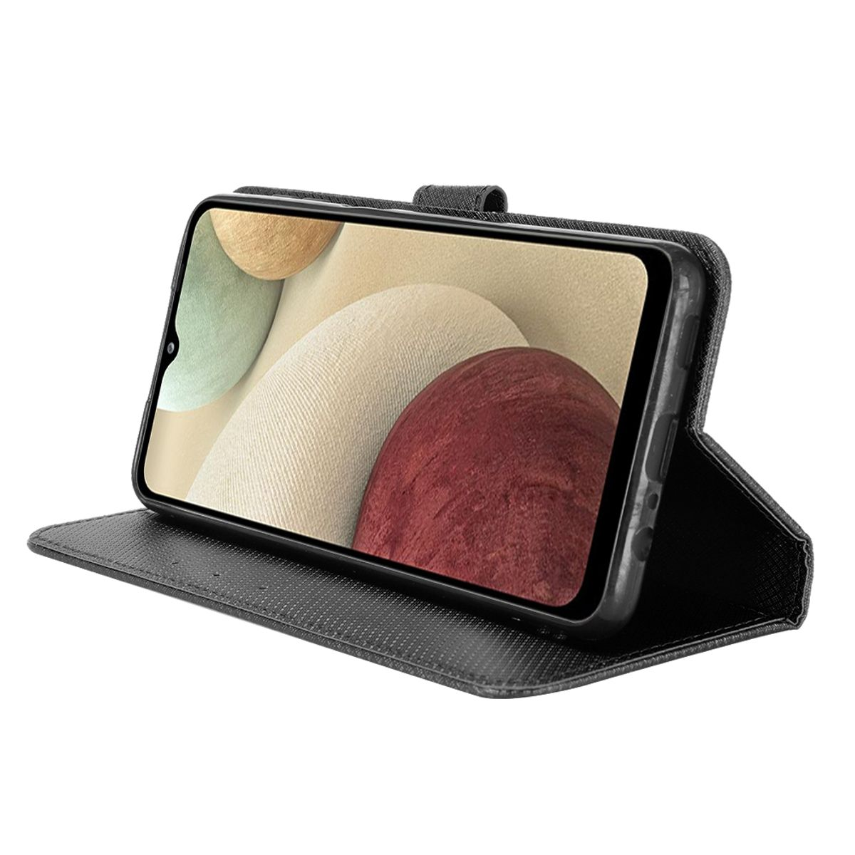 Eine schwarze Handyhülle mit einem Smartphone darin. Es befindet sich in einer Standposition.