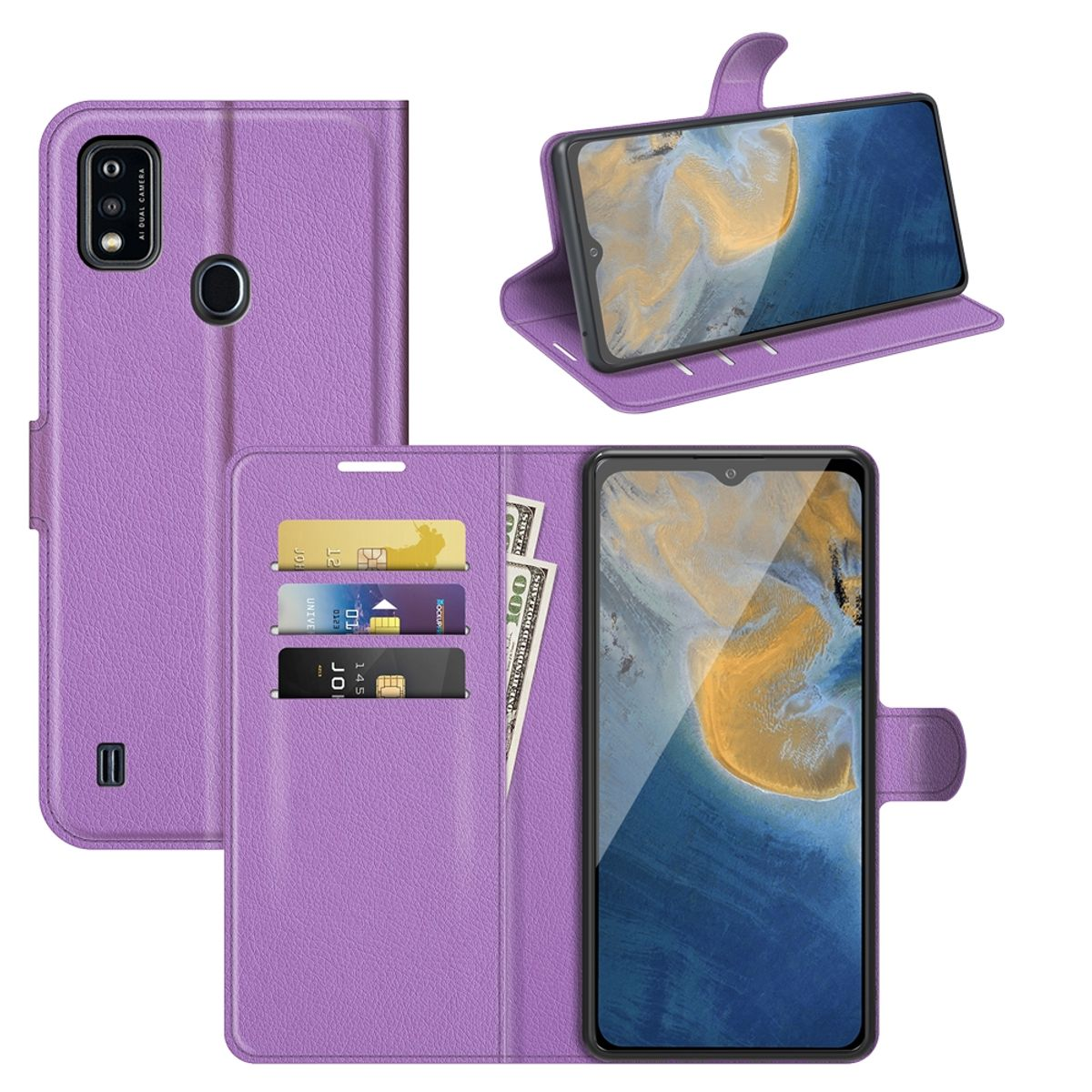 Lila Handyhülle mit Telefon und Kartenfächern, in verschiedenen Ansichten gezeigt.