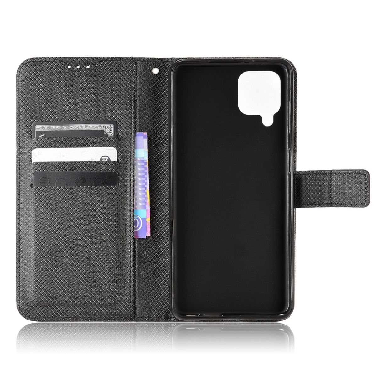 Schwarze Handy-Brieftasche, geöffnet, zeigt Karten. Weißer Hintergrund.
