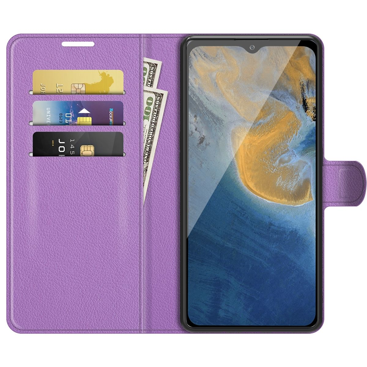 Lila Handyhülle mit Karten, Geld und einem Telefon mit blau-lila Bildschirm.