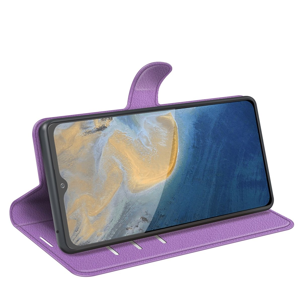 Lila Handyhülle offen, mit einem Telefon darin. Telefon zeigt Landschaftsansicht.