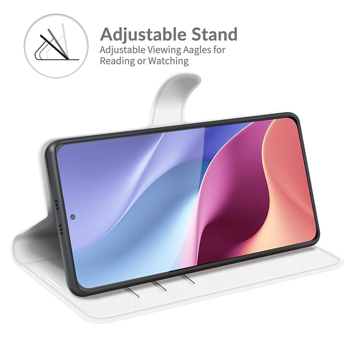 Weißes Handycase, Telefon offen. Einstellbare Ständerfunktion sichtbar.