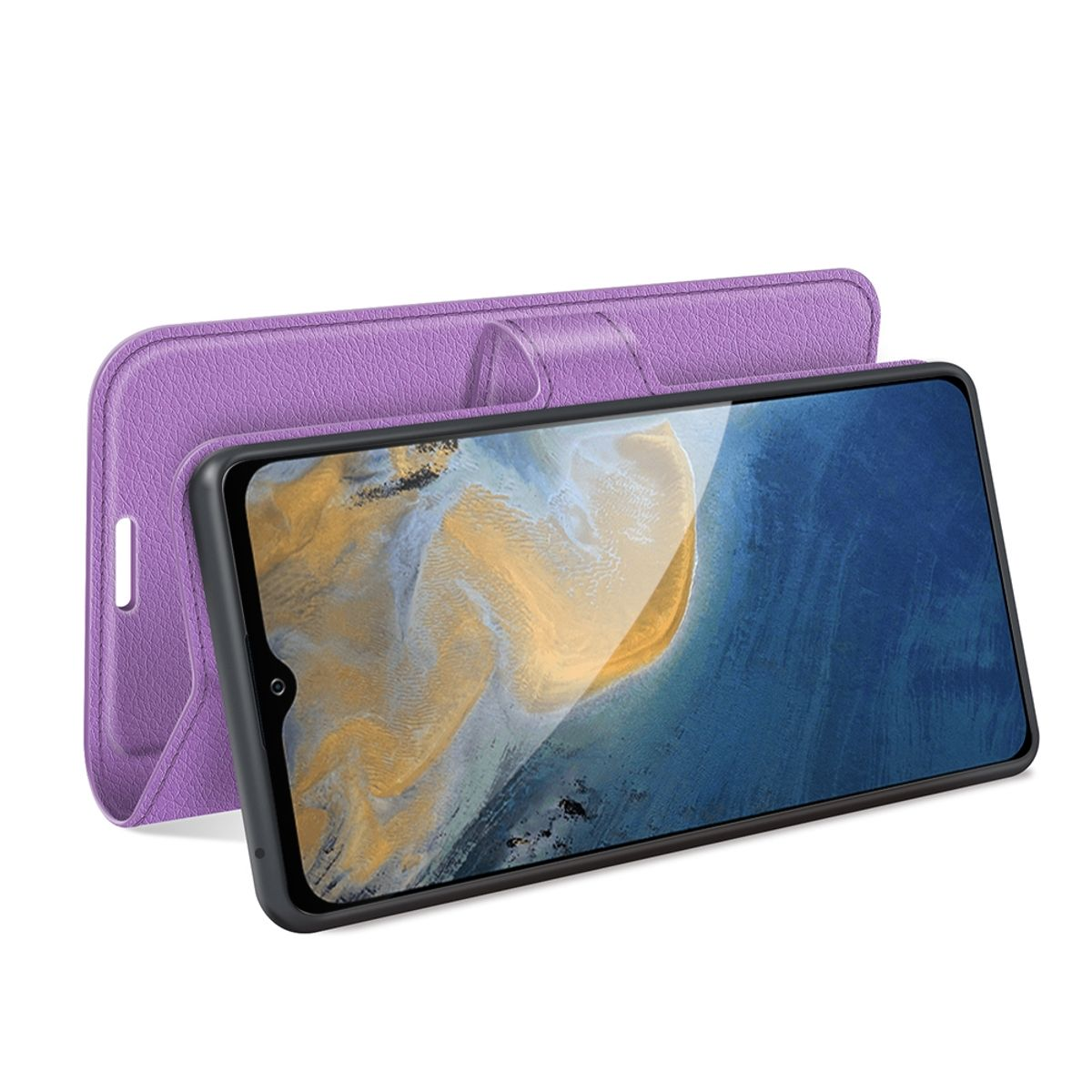 Eine lila Handyhülle mit einem Telefon darin. Die Hülle ist offen, der Bildschirm zeigt nach oben.