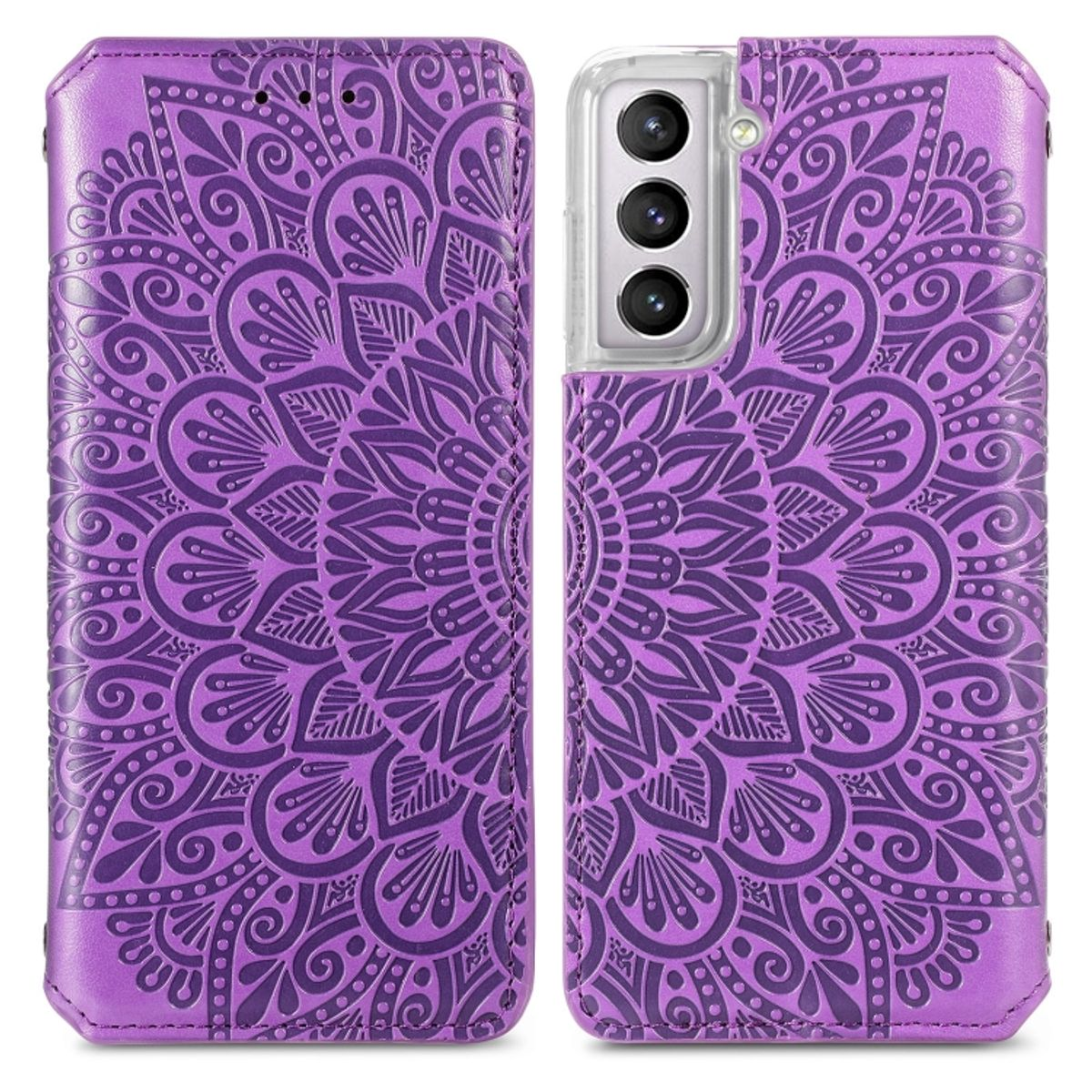 Lila, gemusterte Handyhülle, offen und geschlossen, mit Mandala-Design.