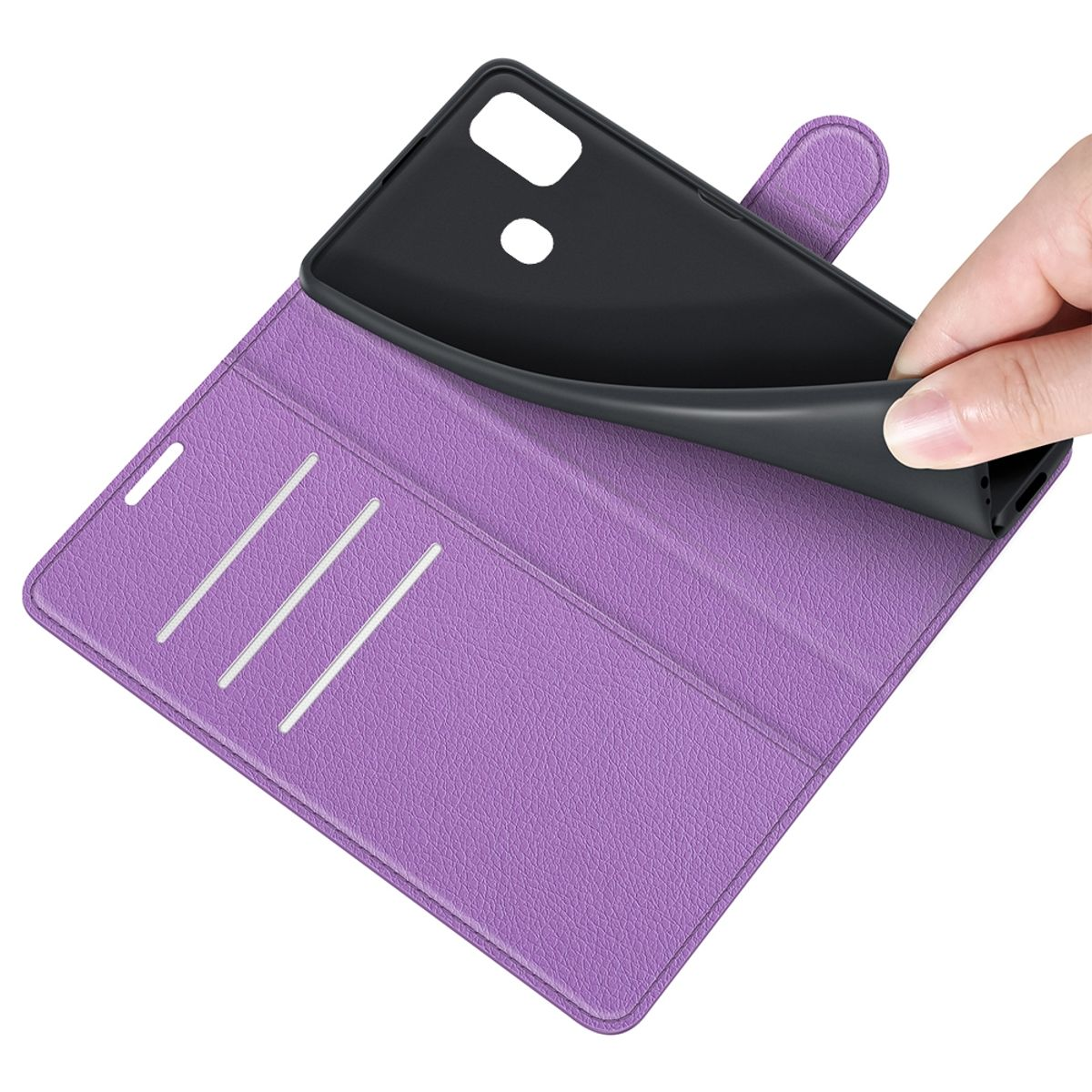 Lila Handyhülle mit Kreditkartenfächern. Eine Hand entnimmt ein schwarzes Telefon aus der Hülle.
