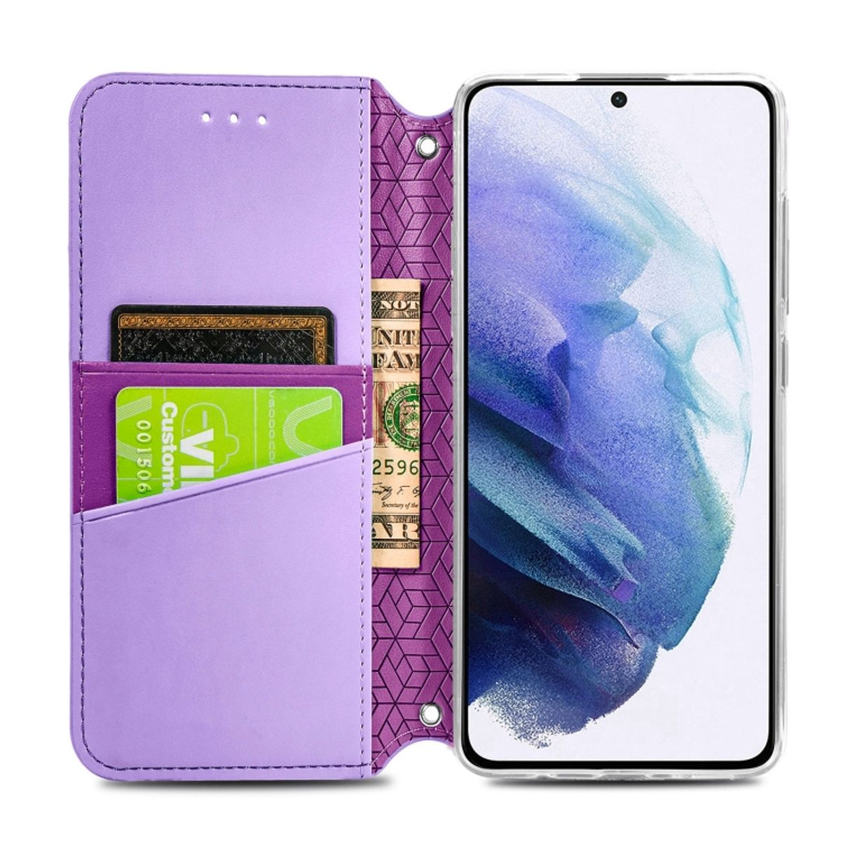 Lila Handyhülle, offen, Karten, Bargeld und ein Telefon haltend. Lila und geometrische Muster sichtbar.