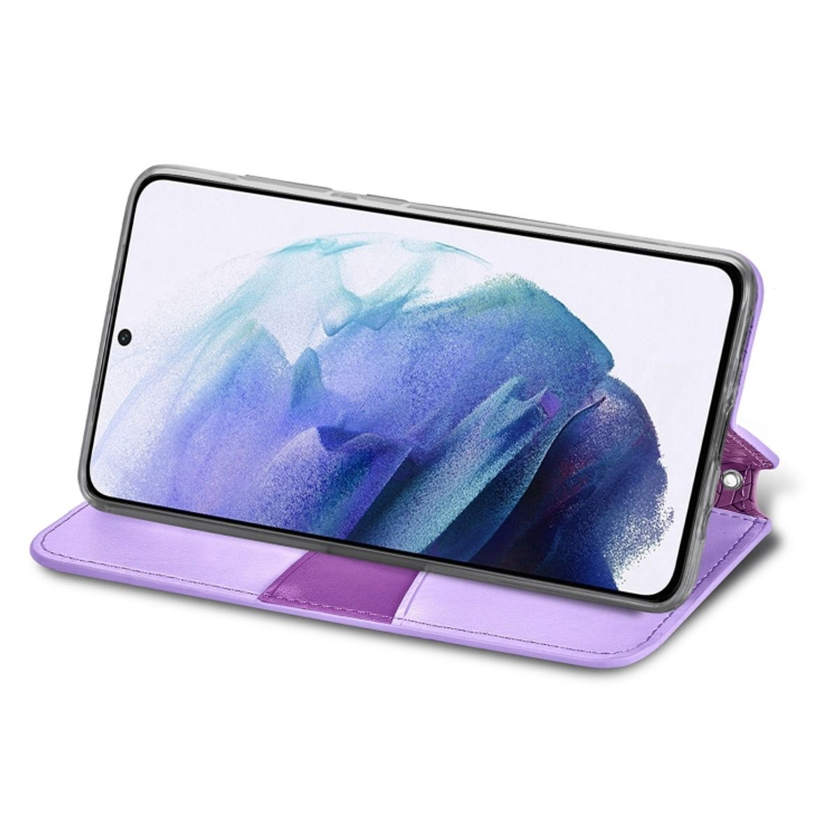 Geöffnete lila Handyhülle mit einem Telefon darin. Das Telefon zeigt ein lila und blaues Bild.